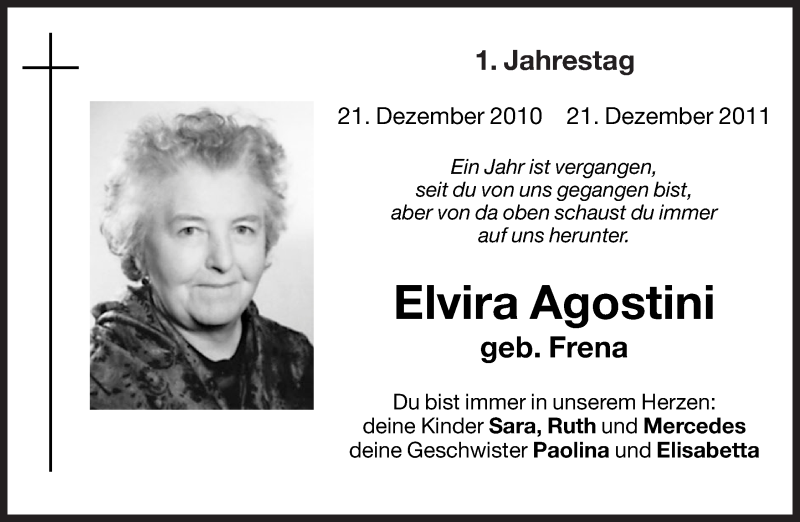  Traueranzeige für Elvira Agostini vom 21.12.2011 aus Dolomiten