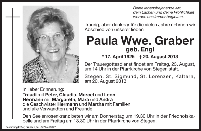  Traueranzeige für Paula Graber vom 22.08.2013 aus Dolomiten