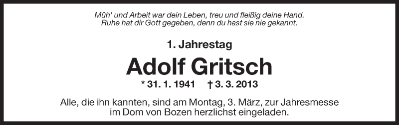  Traueranzeige für Adolf Gritsch vom 28.02.2014 aus Dolomiten