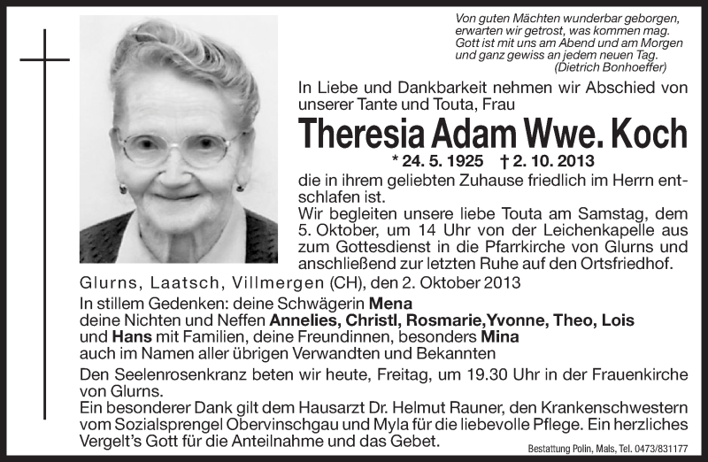  Traueranzeige für Theresia Koch vom 04.10.2013 aus Dolomiten