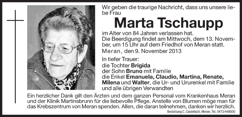  Traueranzeige für Marta Tschaupp vom 12.11.2013 aus Dolomiten