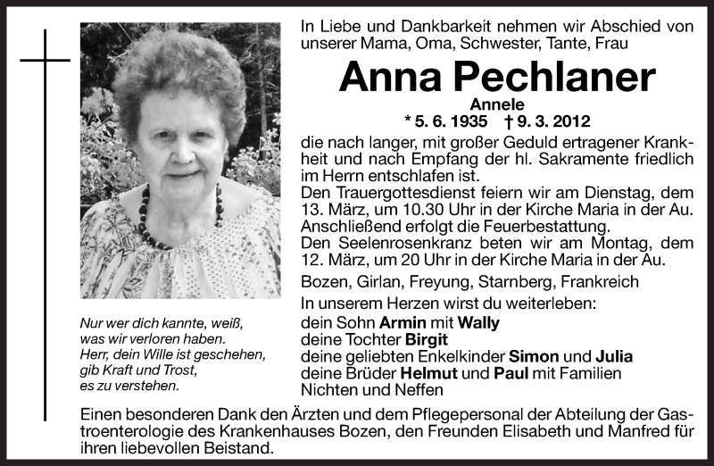  Traueranzeige für Anna Pechlaner vom 12.03.2012 aus Dolomiten