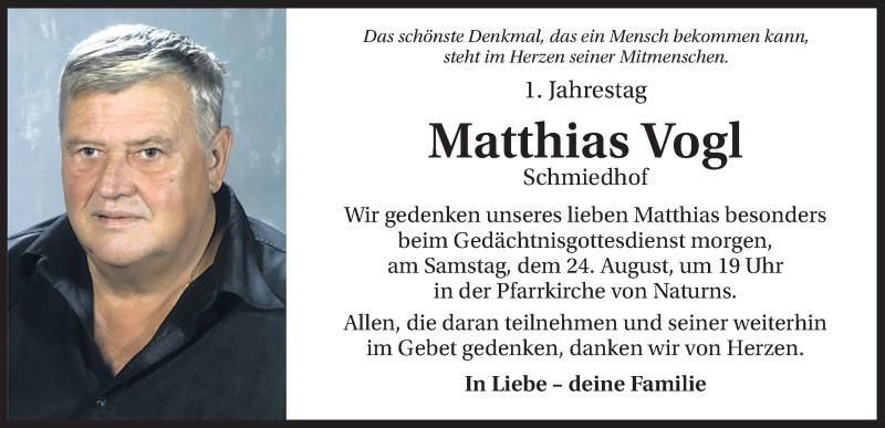  Traueranzeige für Matthias Vogl vom 23.08.2013 aus Dolomiten