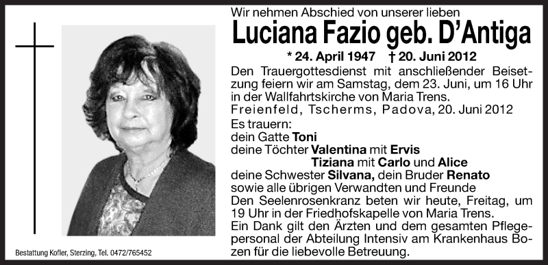  Traueranzeige für Luciana Fazio vom 22.06.2012 aus Dolomiten