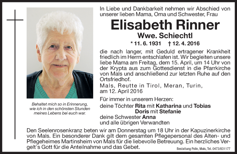  Traueranzeige für Elisabeth Schiechtl vom 13.04.2016 aus Dolomiten