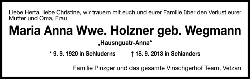  Traueranzeige für Maria Anna Holzner vom 19.09.2013 aus Dolomiten