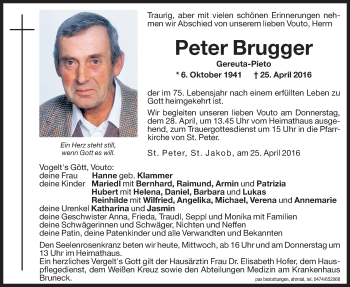 Traueranzeige von Peter Brugger von Dolomiten