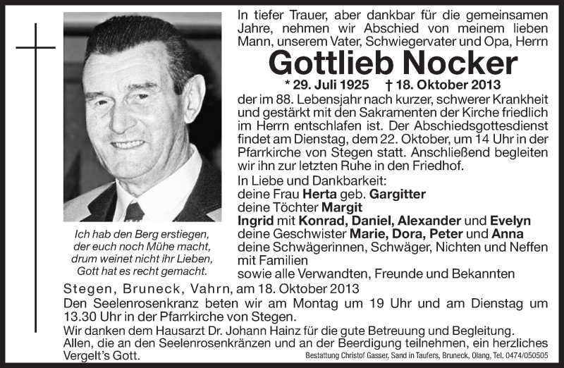  Traueranzeige für Gottlieb Nocker vom 21.10.2013 aus Dolomiten