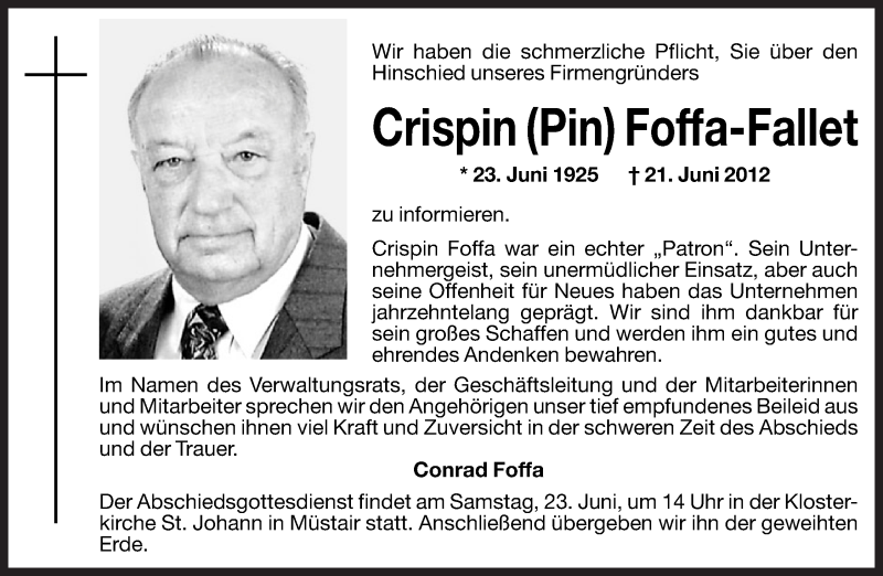  Traueranzeige für Crispin (Pin) Foffa-Fallet vom 22.06.2012 aus Dolomiten