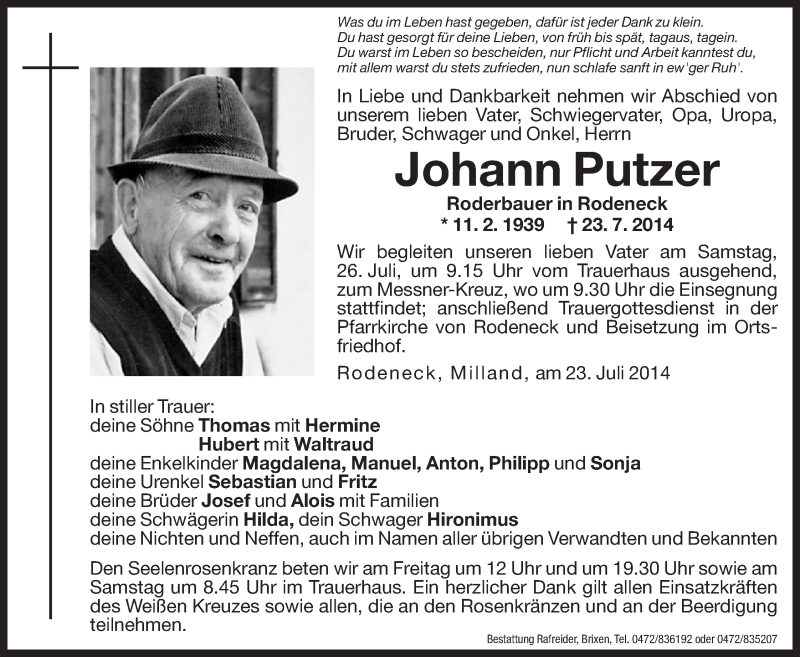  Traueranzeige für Johann Putzer vom 25.07.2014 aus Dolomiten