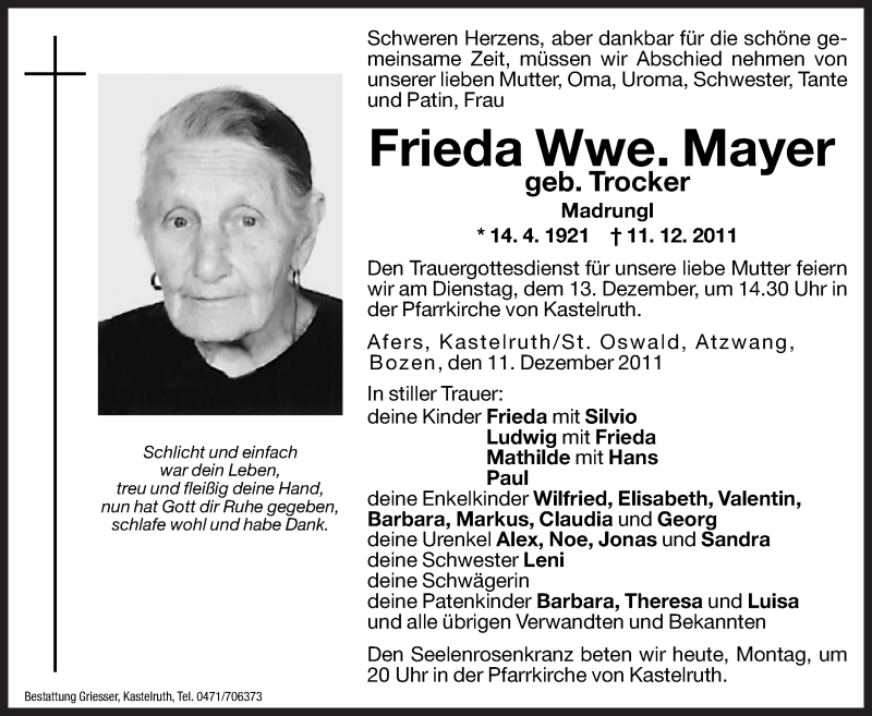  Traueranzeige für Frieda Mayer vom 12.12.2011 aus Dolomiten