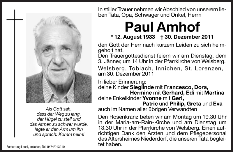  Traueranzeige für Paul Amhof vom 02.01.2012 aus Dolomiten