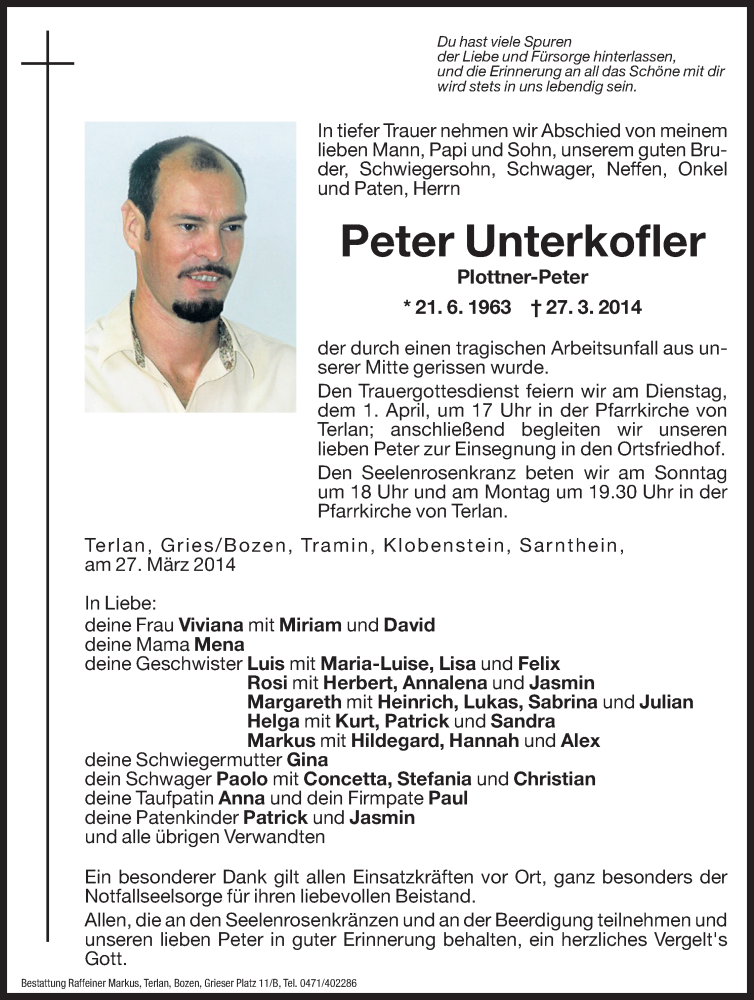  Traueranzeige für Peter Unterkofler vom 29.03.2014 aus Dolomiten