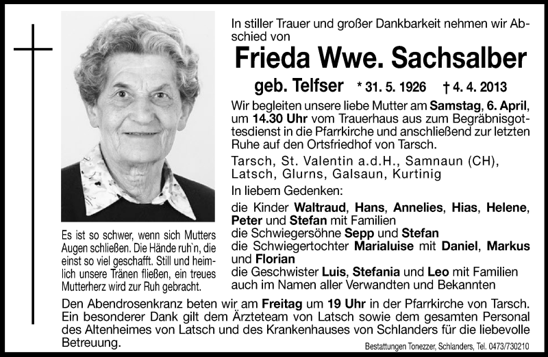  Traueranzeige für Frieda Sachsalber vom 05.04.2013 aus Dolomiten