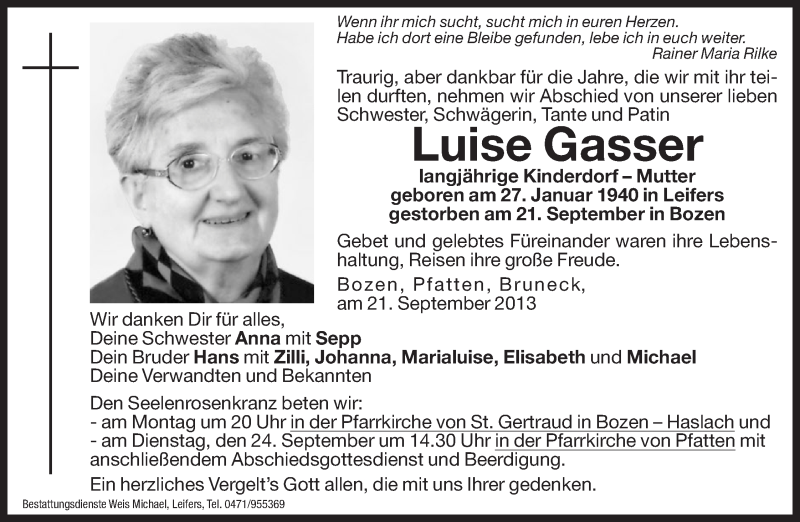  Traueranzeige für Luise Gasser vom 23.09.2013 aus Dolomiten