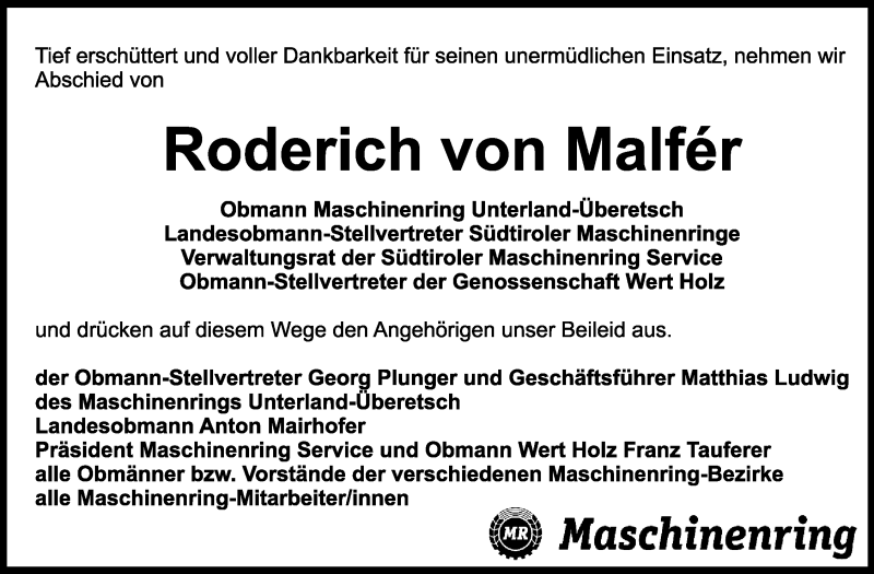  Traueranzeige für Roderich von Malför vom 12.02.2013 aus Dolomiten