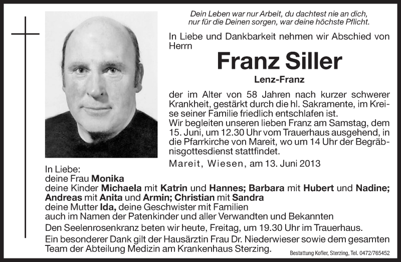  Traueranzeige für Franz Siller vom 14.06.2013 aus Dolomiten