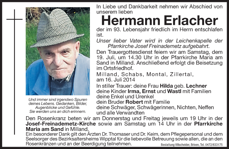  Traueranzeige für Hermann Erlacher vom 17.07.2014 aus Dolomiten