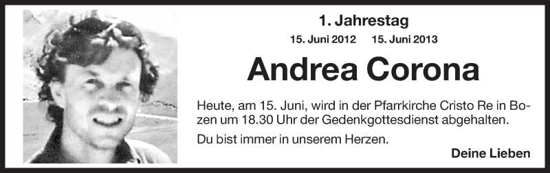  Traueranzeige für Andrea  Conrona vom 15.06.2013 aus Dolomiten