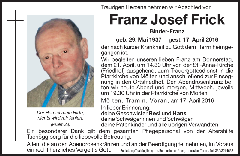  Traueranzeige für Franz Josef Frick vom 19.04.2016 aus Dolomiten