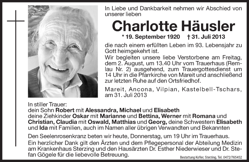  Traueranzeige für Charlotte Häusler vom 01.08.2013 aus Dolomiten