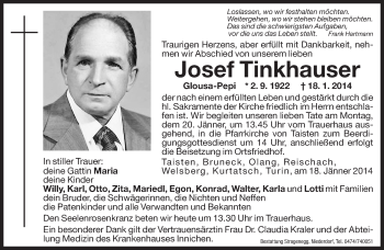 Traueranzeige von Josef Tinkhauser von Dolomiten