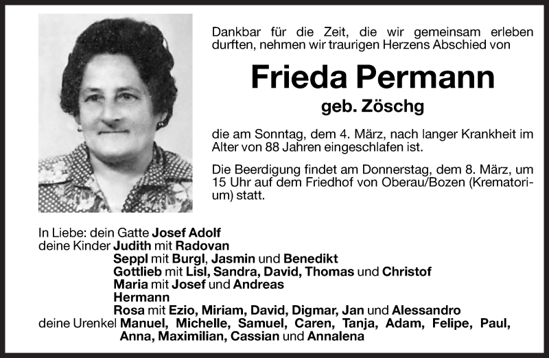  Traueranzeige für Frieda Permann vom 06.03.2012 aus Dolomiten