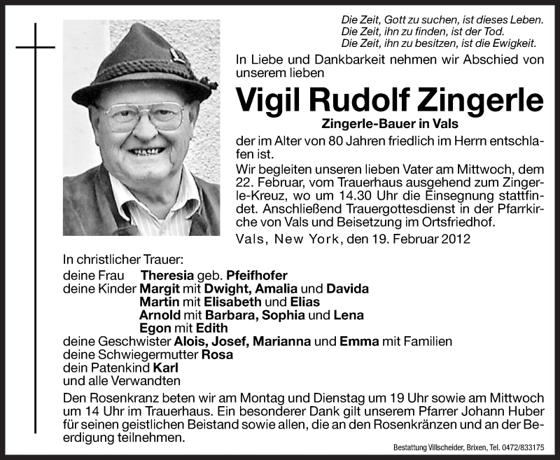  Traueranzeige für Vigil Rudolf Zingerle vom 20.02.2012 aus Dolomiten