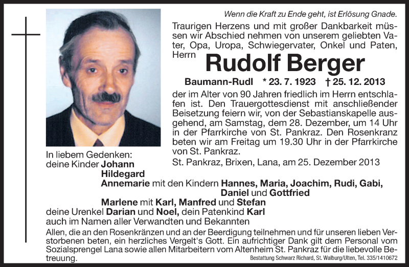  Traueranzeige für Rudolf Berger vom 27.12.2013 aus Dolomiten