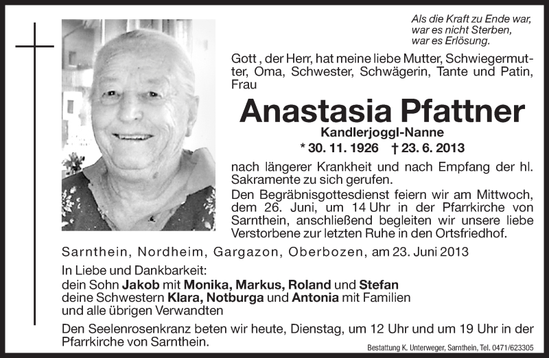  Traueranzeige für Anastasia Pfattner vom 25.06.2013 aus Dolomiten