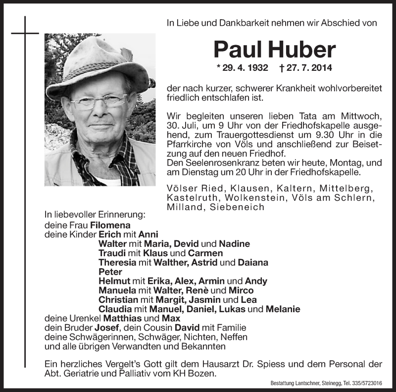  Traueranzeige für Paul Huber vom 28.07.2014 aus Dolomiten