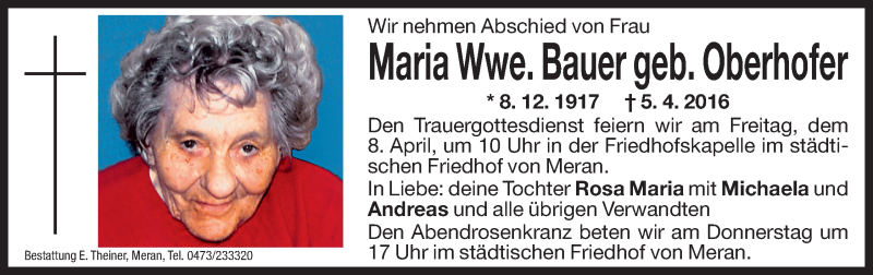  Traueranzeige für Maria Bauer vom 07.04.2016 aus Dolomiten