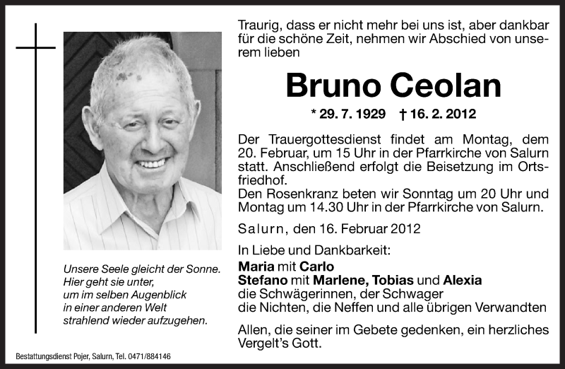  Traueranzeige für Bruno Ceolan vom 18.02.2012 aus Dolomiten