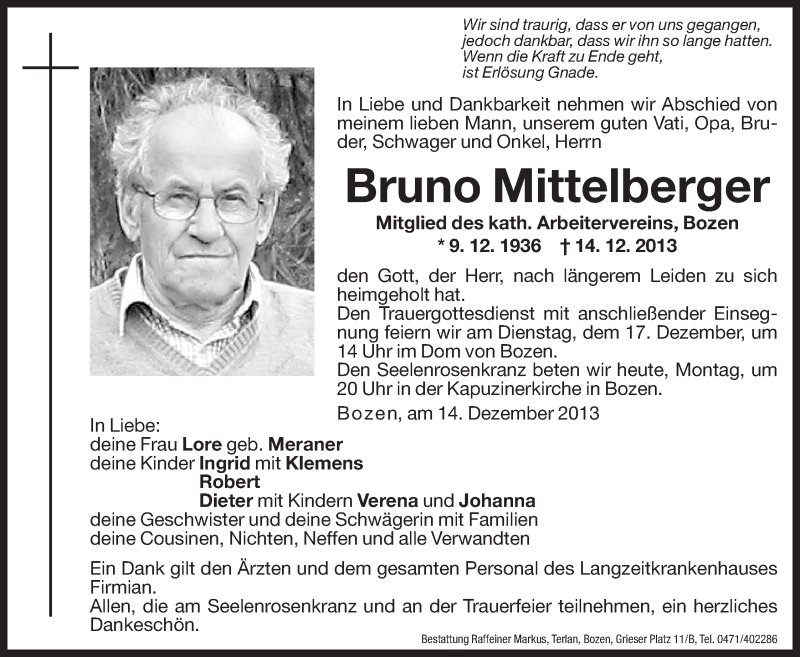  Traueranzeige für Bruno Mittelberger vom 16.12.2013 aus Dolomiten