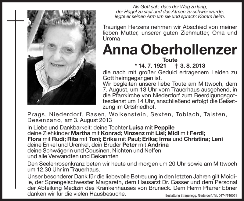  Traueranzeige für Anna Oberhollenzer vom 05.08.2013 aus Dolomiten