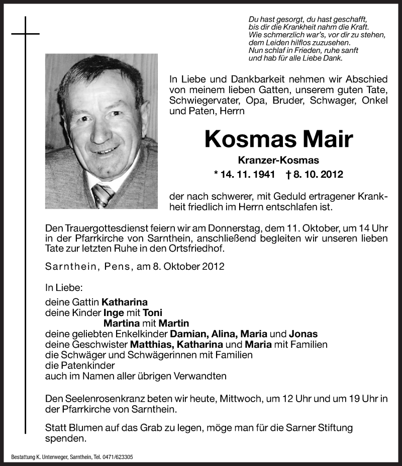  Traueranzeige für Kosmas Mair vom 10.10.2012 aus Dolomiten