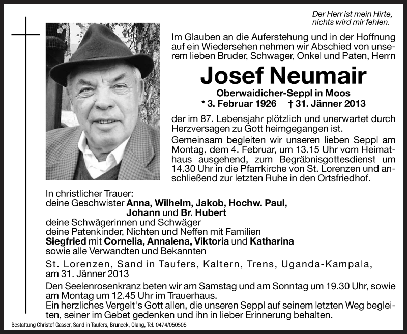  Traueranzeige für Josef Neumair vom 02.02.2013 aus Dolomiten