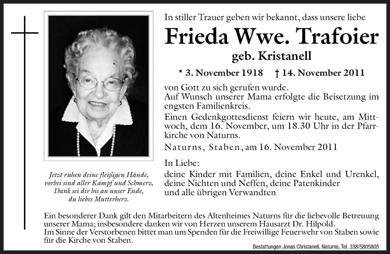  Traueranzeige für Frieda Trafoier vom 16.11.2011 aus Dolomiten