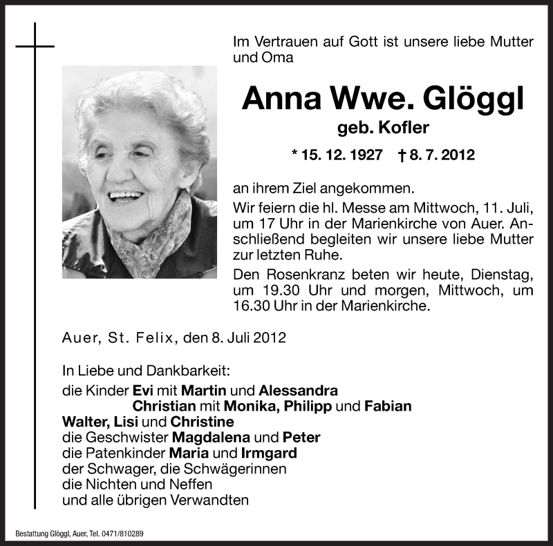  Traueranzeige für Anna Glöggl vom 10.07.2012 aus Dolomiten