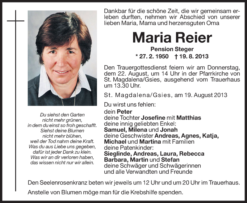  Traueranzeige für Maria Reier vom 21.08.2013 aus Dolomiten