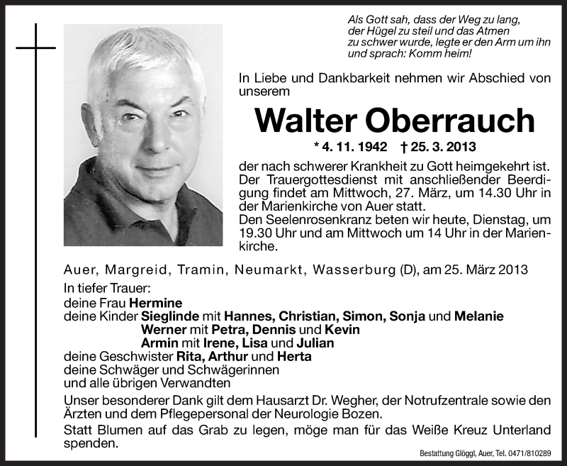  Traueranzeige für Walter Oberrauch vom 26.03.2013 aus Dolomiten