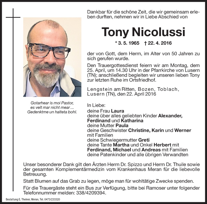  Traueranzeige für Tony Nicolussi vom 23.04.2016 aus Dolomiten