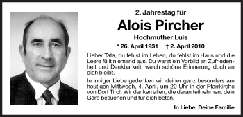 Traueranzeige von Alois Pircher von Dolomiten