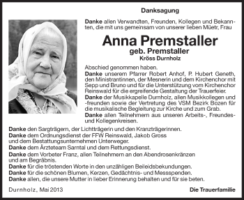 Traueranzeige von Anna Premstaller von Dolomiten