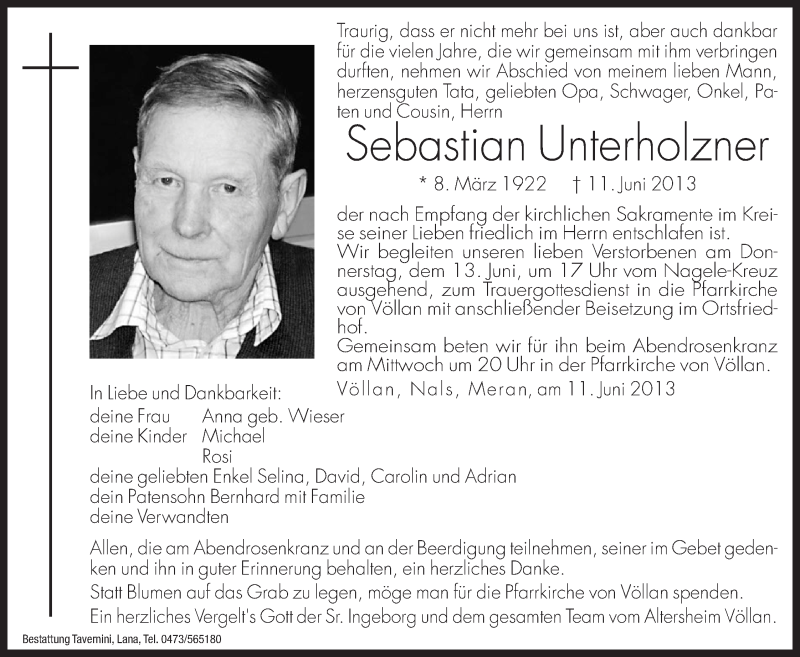  Traueranzeige für Sebastian Unterholzner vom 12.06.2013 aus Dolomiten