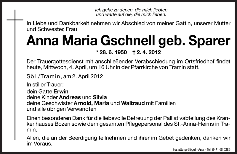  Traueranzeige für Anna Maria Gschnell vom 04.04.2012 aus Dolomiten