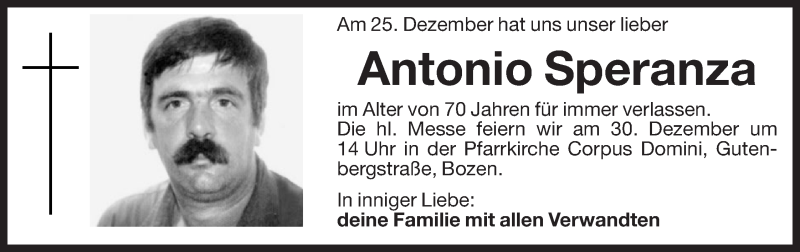  Traueranzeige für Antonio Speranza vom 29.12.2011 aus Dolomiten