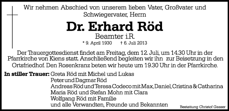  Traueranzeige für Erhard Röd vom 11.07.2013 aus Dolomiten