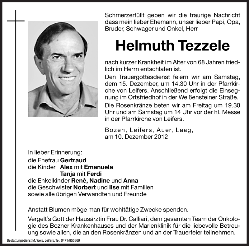  Traueranzeige für Helmuth Tezzele vom 12.12.2012 aus Dolomiten