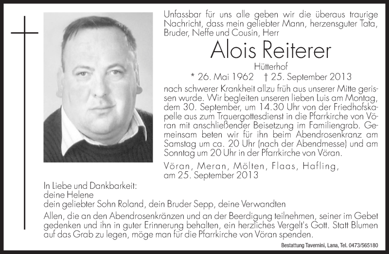  Traueranzeige für Alois Reiterer vom 27.09.2013 aus Dolomiten